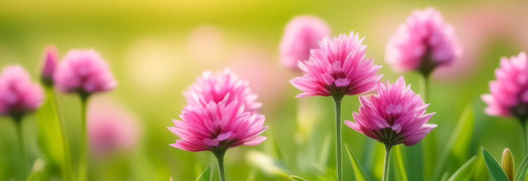 Pink wildflowers in the meadow. Web banner.