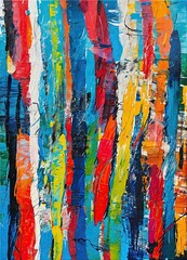 Modern colorful artwork, abstract paint strokes with stripes, lines and geometric shapes. Contemporary painting. Impressionism style. Oil on canvas. Modern poster for wall decoration