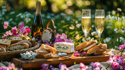 A romantic picnic setup with a spread of classic French fare such as baguettes brie and pâté accompanied by glasses of bubbly champagne and a stunning backdrop of colorful - obrazy, fototapety, plakaty