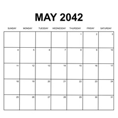 may 2042. monthly calendar design. week starts on sunday. printable, simple, and clean vector design isolated on white background.