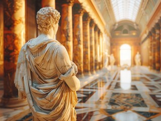 A classical Roman sculpture captures attention in the grand hall of a museum, surrounded by the glow of natural light.