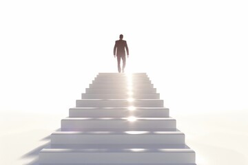 Businessman climbing a staircase with a success graph along the walls, illustrating steady progress and growth in business endeavors, on isolated white background, Generative AI