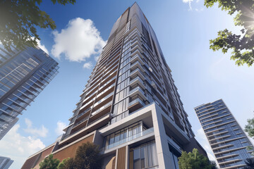 Obraz premium Modern High Rise Residential Building with Glass Facade and Balconies Against Blue Sky. Contemporary Urban Architecture for Luxury Real Estate.