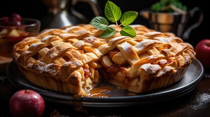 sweet apple pie with white sugar sprinkles on a wooden tray and blurred background - obrazy, fototapety, plakaty