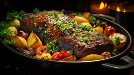 delicious pot roast meat with black and blur background