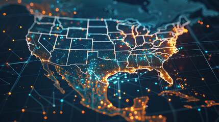 Digital map of USA, concept of North America global network and connectivity, data transfer and cyber technology, information exchange and telecommunication  - obrazy, fototapety, plakaty
