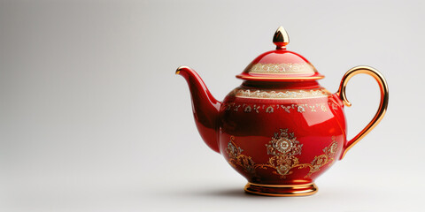 A red, fine bone china teapot with a gold handle on a white isolated background. Suitable for a header with room for text, copy space.