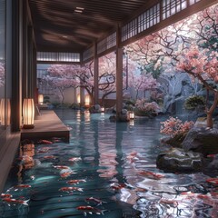 A tranquil Japanese garden with a koi pond, surrounded by cherry blossoms 