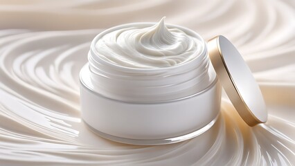 Luxurious white cream in an open jar with a golden lid, set against a creamy swirl background.