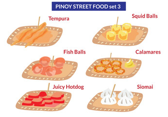 Philippine Street Food on carton plates with toothpick. Editable Clip Art.