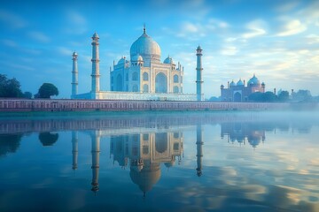 Obraz premium Image of the Taj Mahal at dawn, Agra, India. Reflected in the tranquil Yamuna River