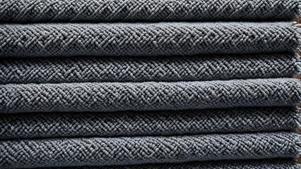 Stacked grey towels with a detailed textured weave, showcasing plush softness and luxury. - obrazy, fototapety, plakaty