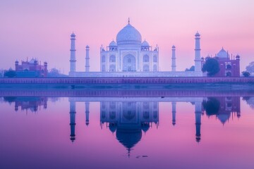 Image of the Taj Mahal at dawn, Agra, India. Reflected in the tranquil Yamuna River