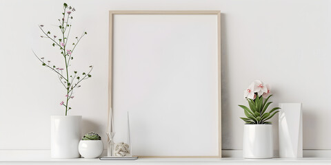A white frame with a plant in it and a plant in it Poster mockup with wooden frame in home interior background.3d rendering.