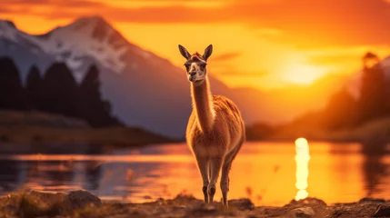 Fototapeten llama in the mountains at sunset © farzana