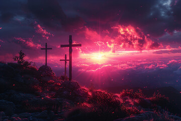 Three crosses silhouette on hill, resurrection. Calvary crucifixion of Jesus Christ at sunrise. Easter morning. Religion and christianity concept for card, banner, poster, background - obrazy, fototapety, plakaty