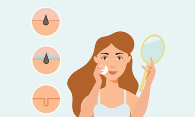 Young girl has skin problems with acne or allergic pimples on her face. Skincare and dermatology concept. Flat style vector illustration.