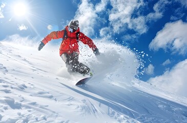 Snowboarder running down the slope in snowy mountains. Winter sport and recreation, leisure outdoor activities.