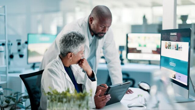 Teamwork, tablet and paperwork in laboratory for research online with people writing schedule. Internet, feedback and collaboration for botany or ecology innovation and science development or plan