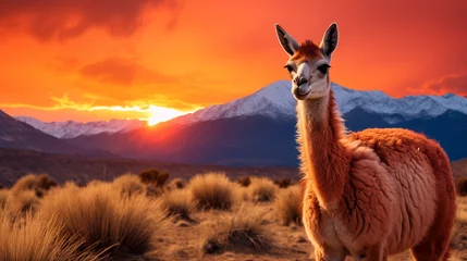 Zelfklevend Fotobehang llama in the mountains at sunset © farzana