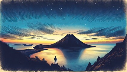 Vintage Styled View of Dokdo Island: Twilight Ambiance with a Lone Figure Contemplating the Sunset