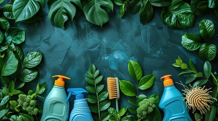 Spring Cleaning concept background with an image of colorful detergent bottles and brushes surrounded by green spring season leaves and copy space - obrazy, fototapety, plakaty