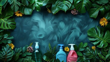 Spring Cleaning concept background with an image of colorful detergent bottles and brushes surrounded by green spring season leaves and copy space