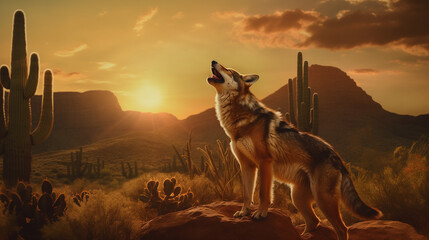 wolf in sunset - obrazy, fototapety, plakaty
