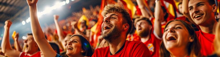 Fototapeta premium Belgian football soccer fans in a stadium supporting the national team, Rode Duivels, Diables Rouges 