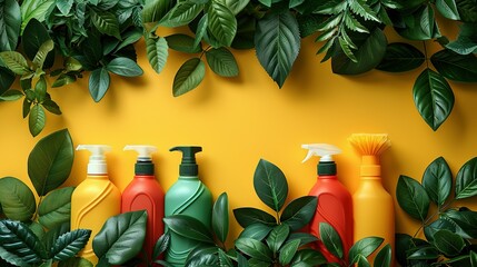 Spring Cleaning concept background with an image of colorful detergent bottles and brushes surrounded by green spring season leaves and copy space