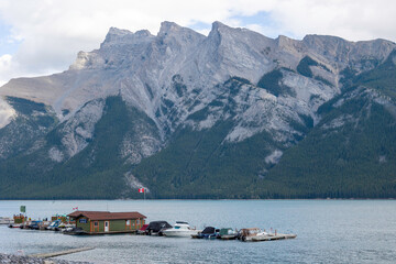close up of the Lake Minnewanka and the Mount Aylmer in Banff, Alberta, Canada