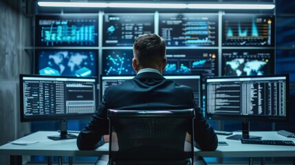 A professional in a suit sitting at a desk surrounded by screens displaying reports and data. The caption reads Legal expert specializing in cyber security law provides businesses - obrazy, fototapety, plakaty