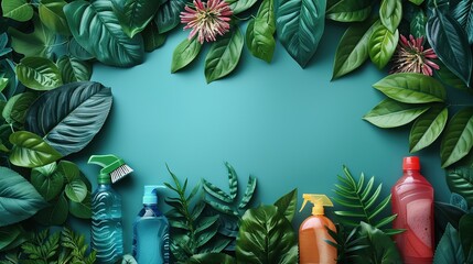 Spring Cleaning concept background with an image of colorful detergent bottles and brushes surrounded by green spring season leaves and copy space - obrazy, fototapety, plakaty
