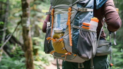 A closeup of a hikers backpack filled with supplies for a daylong adventure picnic such as a map first aid kit and energy bars. - obrazy, fototapety, plakaty