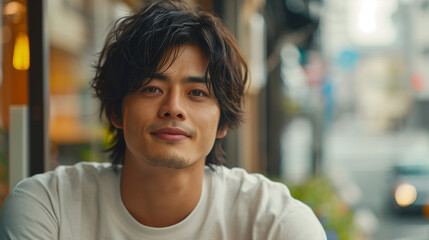 Obraz premium Youthful, self-assured Asian businessman gazes directly at the camera, exuding confidence and intelligence as he flashes a bright, genuine smile