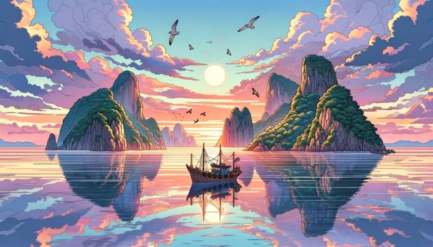 Serene Sunset at Dokdo Island with Traditional Fishing Boat and Flock of Birds in a Vibrant, Pastel Sky