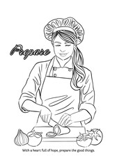 Coloring with motivation phase with a cartoon illustration of a woman chelf preparing the food - 756891301