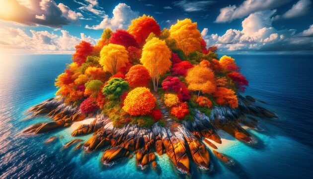 Vibrant Island Paradise: Colorful Foliage on Dokdo Island Surrounded by Pristine Waters