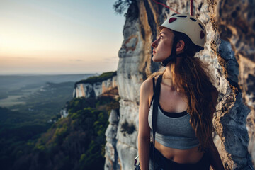 Close-up of young woman standing near sheer cliff edge, abyss below, stunning landscape