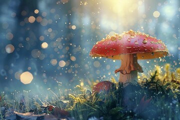Mushroom with Blur Rain Drops - obrazy, fototapety, plakaty