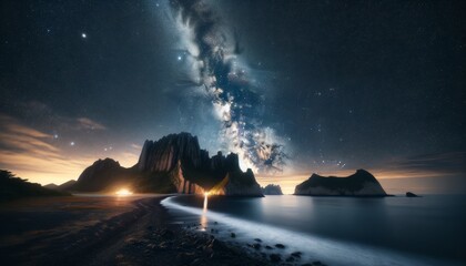 Starry Night Over Dokdo Island's Secluded Beach: A Mystical Seascape with Bioluminescent Tides Under a Celestial Sky