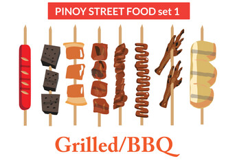 Pinoy Street Food part 1 Grilled or Barbecued  concept like isaw or intestines, Hotdog, Pork blood, chicken feet and more. Editable Clip Art.
