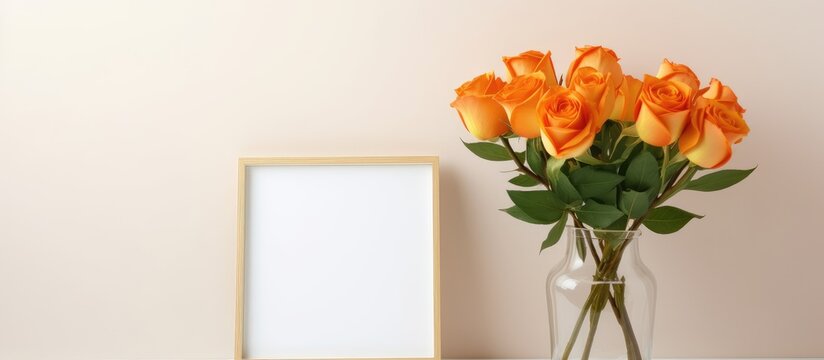 A vase of orange roses and a picture frame displayed on a table, creating a beautiful flower arrangement and artistic touch to the event