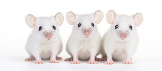 Three whitefooted mice with whiskers and pink snouts are sitting together on a white background. These rodents have black eyes with small irises