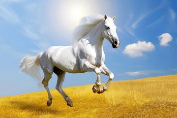 Obraz na płótnie Canvas A majestic white horse galloping across a golden field, its mane and tail flowing in the wind