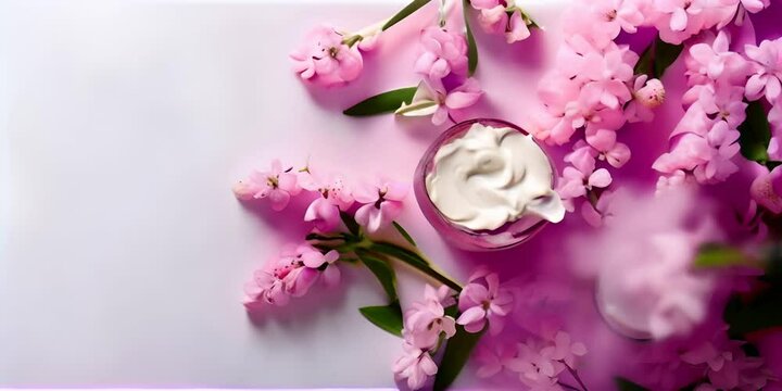 lay. flat space copy and view Top treatment. body care skin Spa background. pink a on creme jar and flowers lilac with product cosmetics Natural