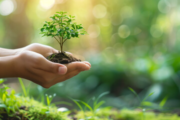 hand holding young plant in sunshine and green nature background