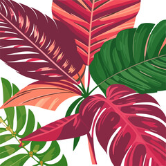 Summer tropical jungle green background vector. Colorful botanical with exotic plants, hibiscus, monstera, palm leaves, grunge texture. Happy summertime illustration for poster, cover