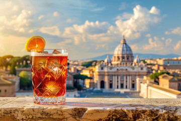 A classic Negroni cocktail with the city of Rome in the background - obrazy, fototapety, plakaty