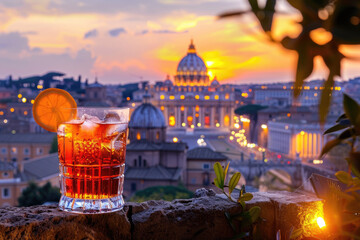 A classic Negroni cocktail with the city of Rome in the background - obrazy, fototapety, plakaty
